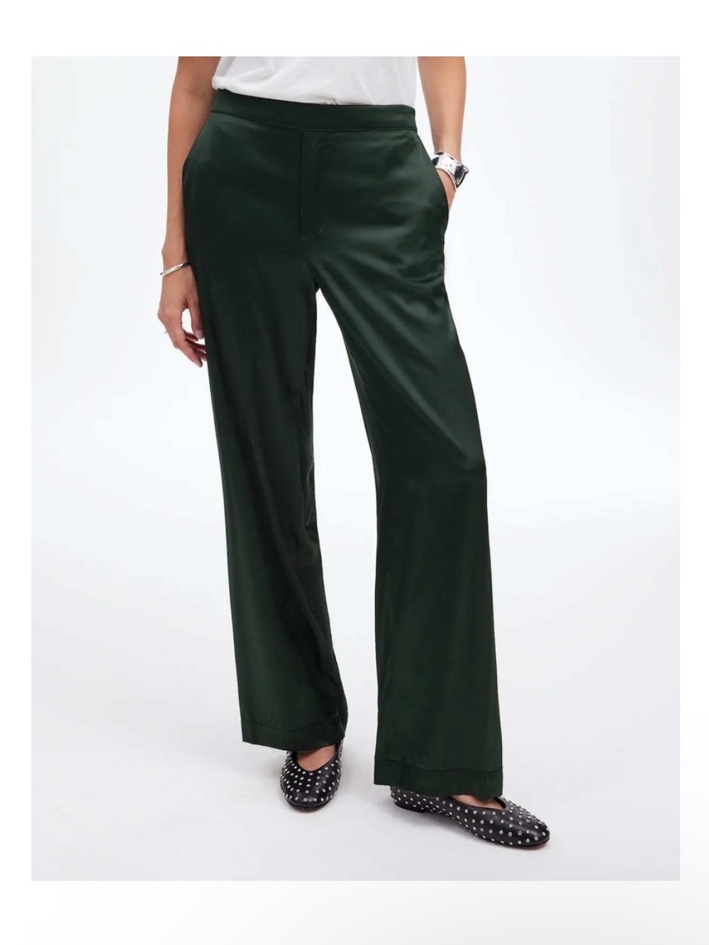 Madewell NEW Pull-On Straight Pants in Stretch Satin Forest Green NT145